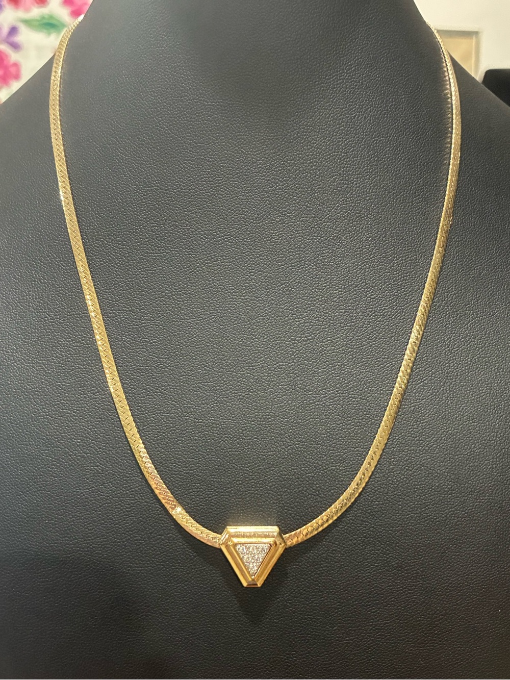 Vintage Avon Gold Herringbone Chain Rhinestone Triangle Pendant Necklace